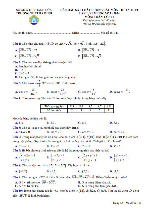 Đề KSCL Toán 10 thi TN THPT 2024 lần 1 trường THPT Ba Đình Thanh Hóa