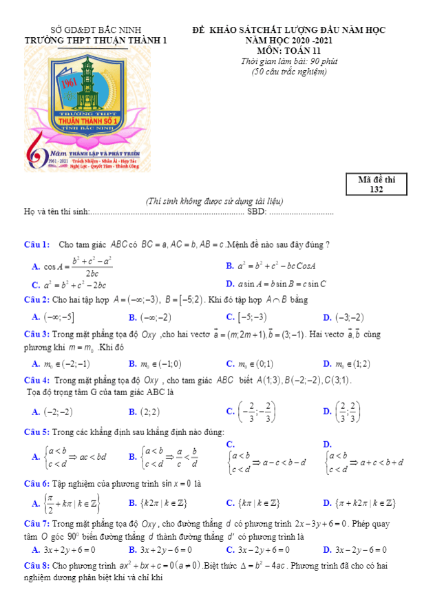 Đề KSCL Toán 11 đầu năm học 2020 2021 trường Thuận Thành 1 Bắc Ninh