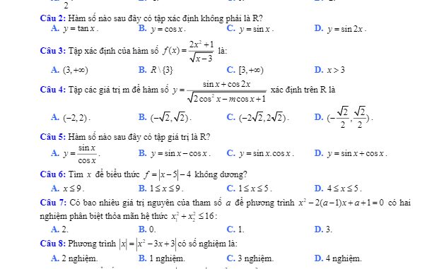 Đề KSCL Toán 11 lần 1 năm 2019 – 2020 trường Nguyễn Viết Xuân – Vĩnh Phúc