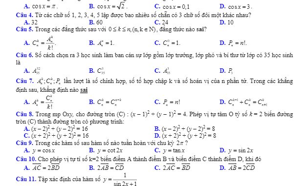 Đề KSCL Toán 11 lần 1 năm 2019 2020 trường THPT Yên Lạc 2 Vĩnh Phúc