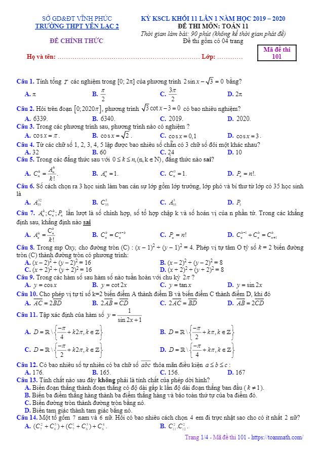 Đề KSCL Toán 11 lần 1 năm 2019 2020 trường THPT Yên Lạc 2 Vĩnh Phúc