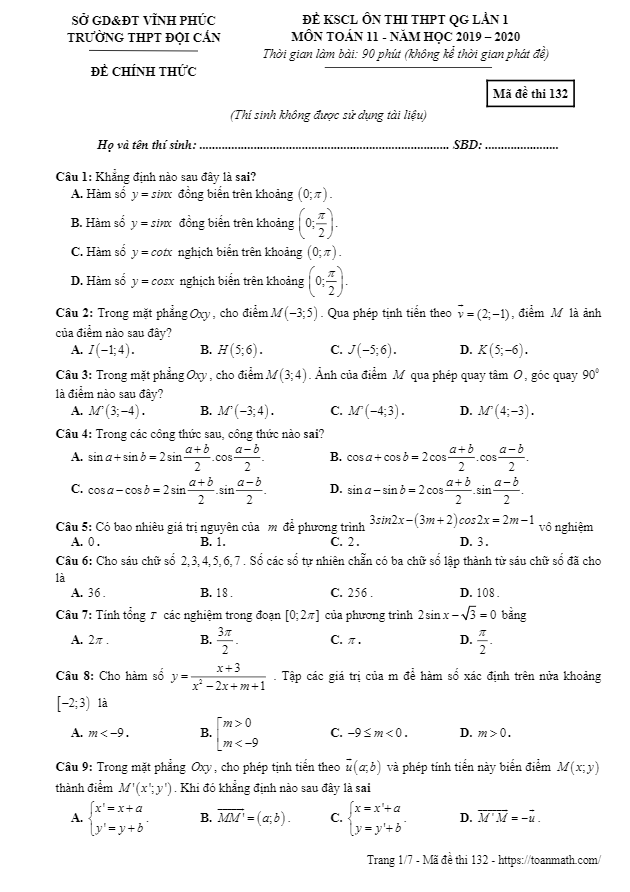 Đề KSCL Toán 11 lần 1 ôn thi THPTQG 2019 2020 trường Đội Cấn Vĩnh Phúc
