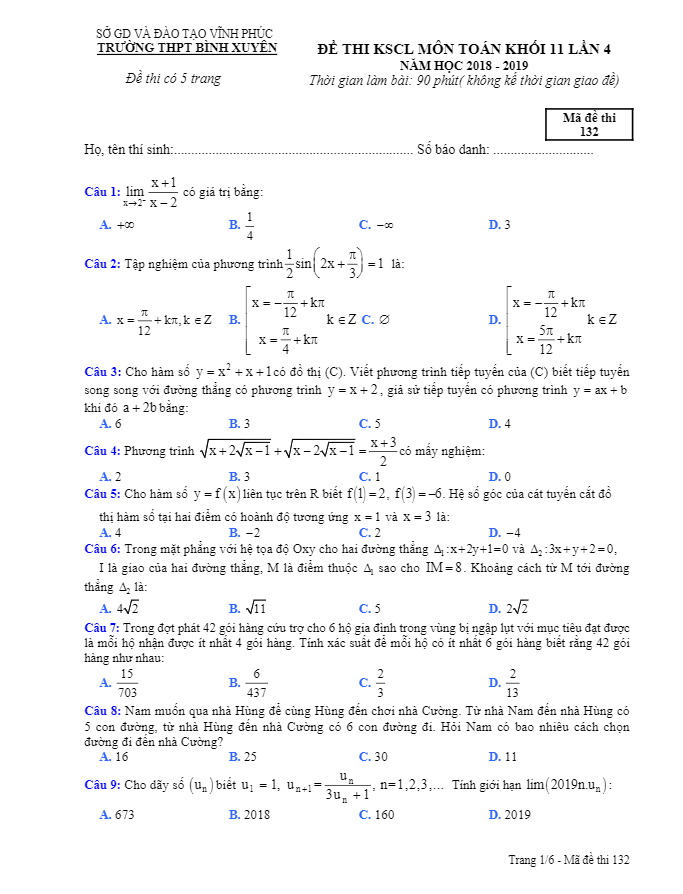 Đề KSCL Toán 11 lần 4 năm 2018 2019 trường THPT Bình Xuyên Vĩnh Phúc