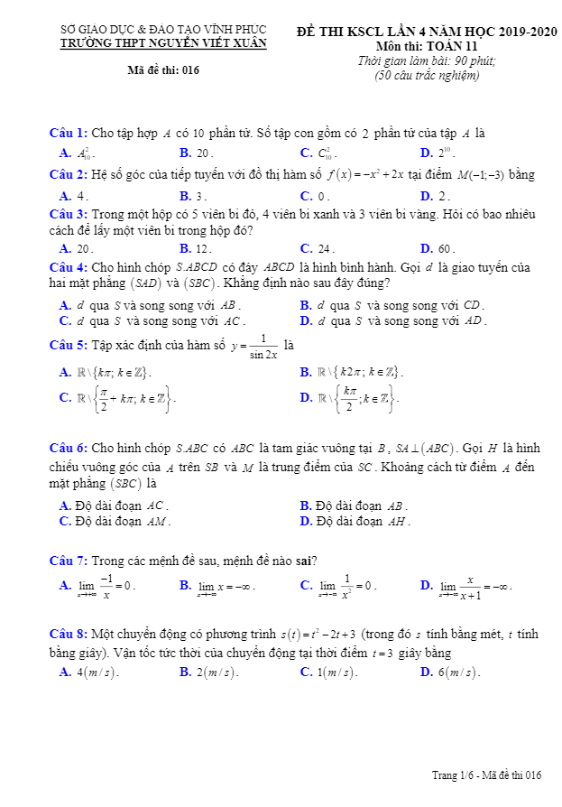 Đề KSCL Toán 11 lần 4 năm 2019 2020 trường THPT Nguyễn Viết Xuân Vĩnh Phúc