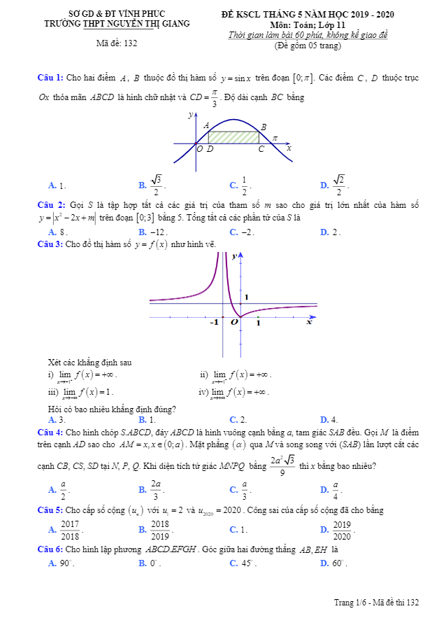 Đề KSCL Toán 11 tháng 5 năm 2020 trường THPT Nguyễn Thị Giang Vĩnh Phúc