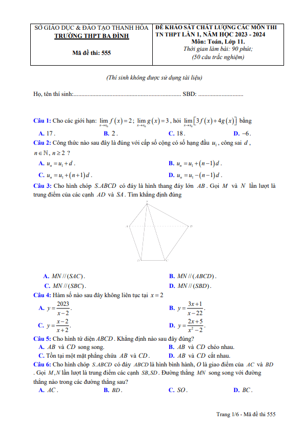 Đề KSCL Toán 11 thi TN THPT 2024 lần 1 trường THPT Ba Đình Thanh Hóa