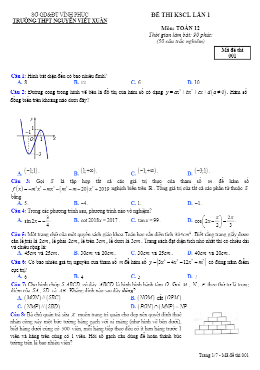 Đề KSCL Toán 12 lần 1 năm 2019 2020 trường Nguyễn Viết Xuân Vĩnh Phúc