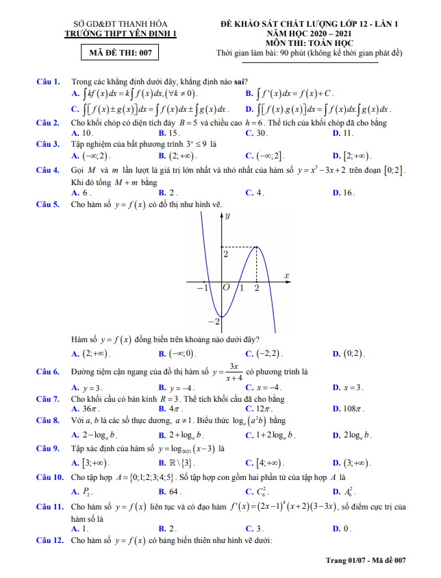 Đề KSCL Toán 12 lần 1 năm 2020 2021 trường Yên Định 1 Thanh Hóa
