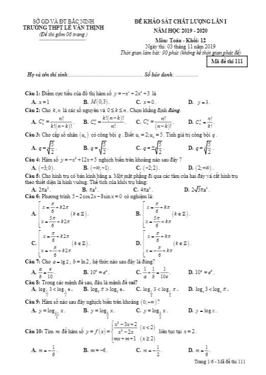 Đề KSCL Toán 12 lần 1 năm học 2019 2020 trường Lê Văn Thịnh Bắc Ninh