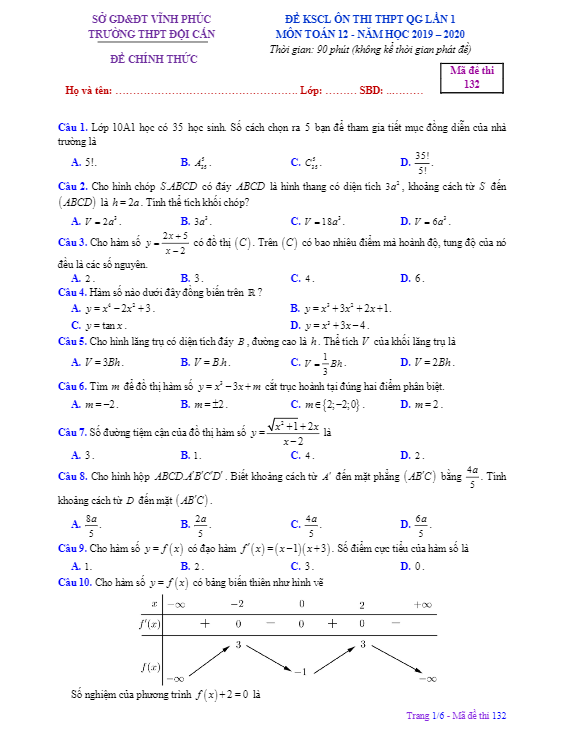 Đề KSCL Toán 12 lần 1 ôn thi THPTQG 2019 2020 trường Đội Cấn Vĩnh Phúc