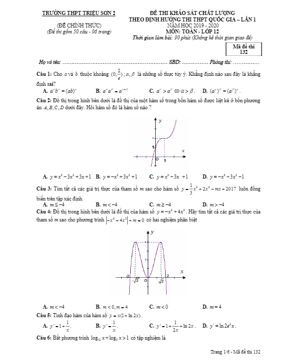 Đề KSCL Toán 12 lần 1 ôn thi THPTQG 2020 trường Triệu Sơn 2 Thanh Hóa