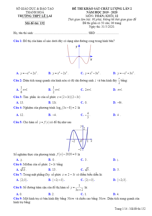 Đề KSCL Toán 12 lần 2 năm học 2019 2020 trường THPT Lê Lai Thanh Hóa