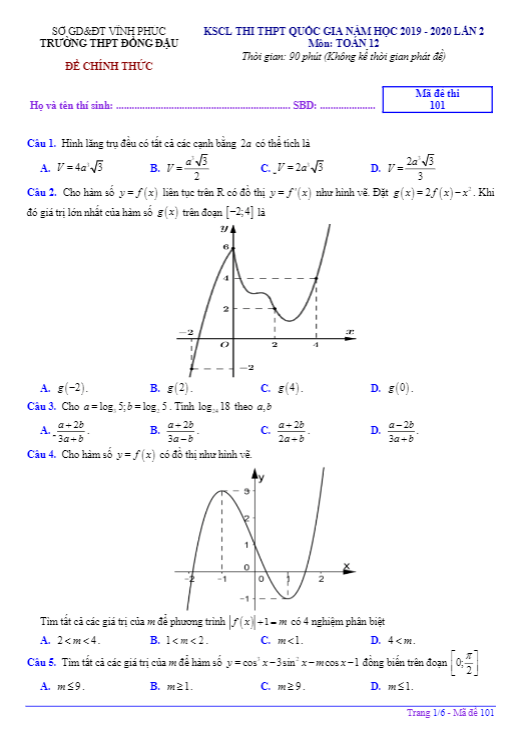 Đề KSCL Toán 12 lần 2 thi THPT QG 2020 trường THPT Đồng Đậu Vĩnh Phúc