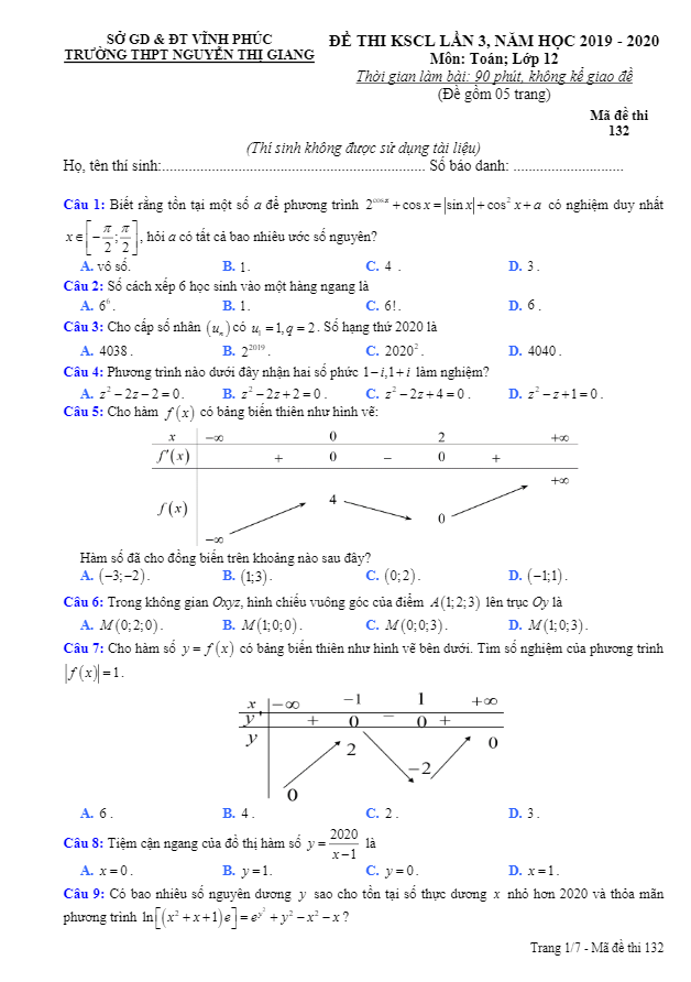 Đề KSCL Toán 12 lần 3 năm 2019 2020 trường Nguyễn Thị Giang Vĩnh Phúc