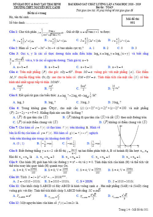 Đề KSCL Toán 12 lần 4 năm 2018 2019 trường Nguyễn Đức Cảnh Thái Bình