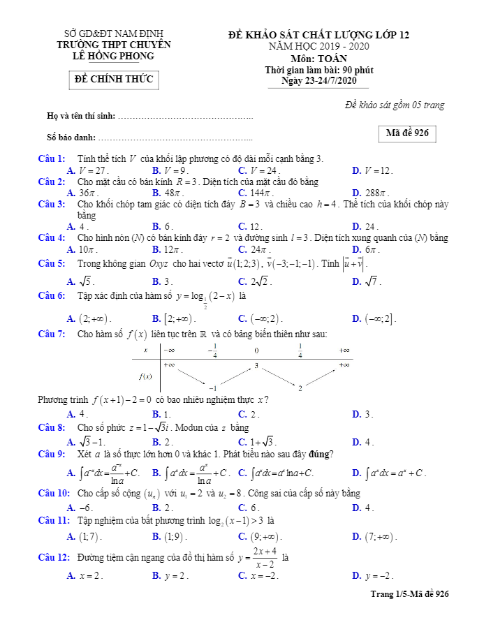 Đề KSCL Toán 12 năm 2019 2020 trường THPT chuyên Lê Hồng Phong Nam Định