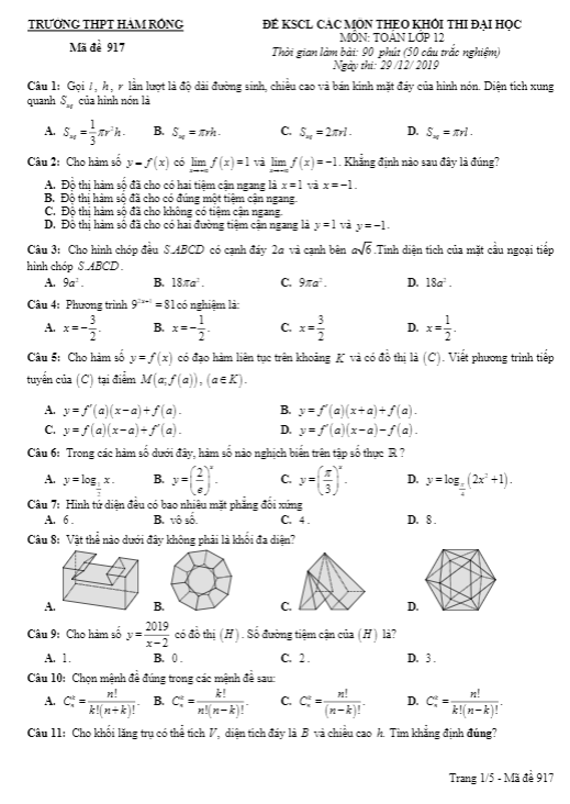 Đề KSCL Toán 12 thi Đại học năm 2019 2020 trường Hàm Rồng Thanh Hóa