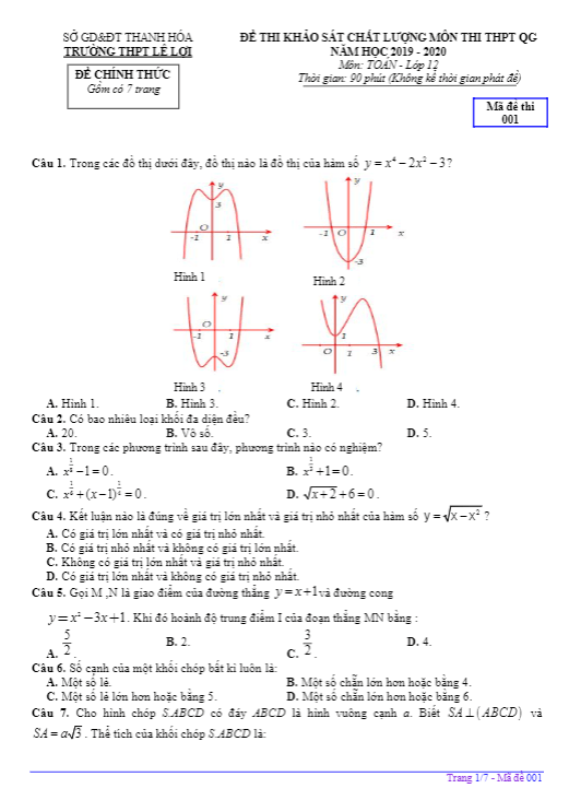 Đề KSCL Toán 12 thi THPT QG 2020 trường THPT Lê Lợi Thanh Hóa
