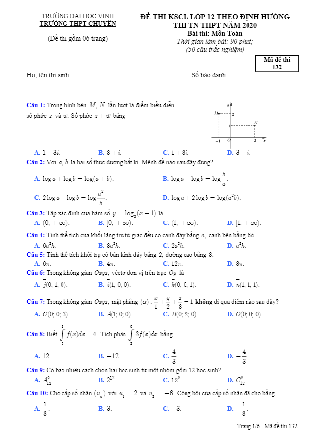 Đề KSCL Toán 12 thi TN THPT 2020 trường THPT chuyên Đại học Vinh Nghệ An