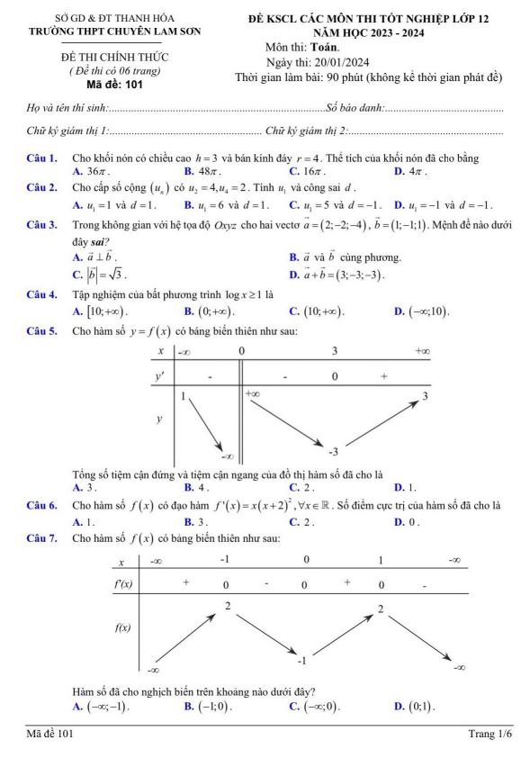 Đề KSCL Toán thi TN THPT 2024 trường chuyên Lam Sơn Thanh Hóa