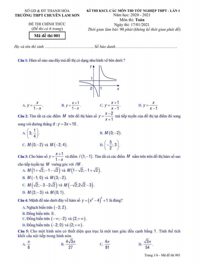 Đề KSCL Toán thi tốt nghiệp THPT 2021 lần 1 trường chuyên Lam Sơn Thanh Hóa