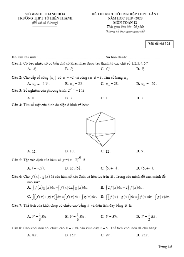 Đề KSCL tốt nghiệp THPT 2020 lần 1 Toán 12 trường THPT Tô Hiến Thành Thanh Hóa