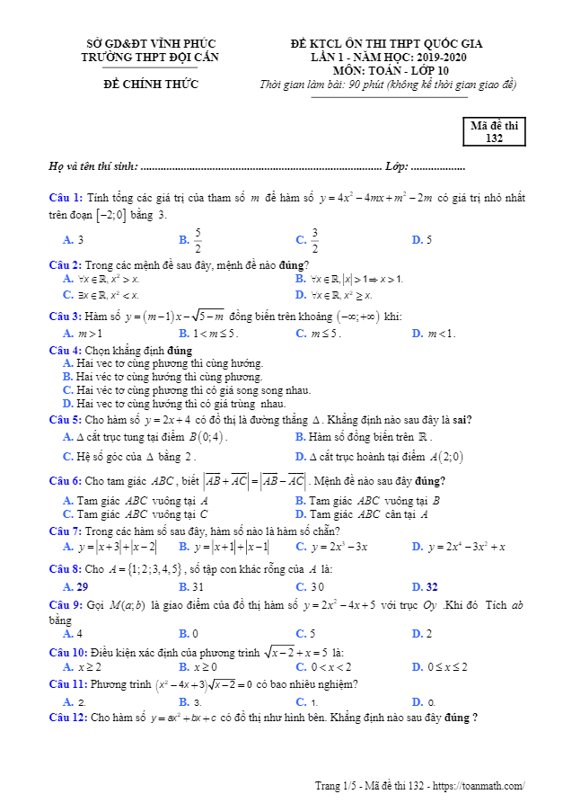 Đề KTCL Toán 10 lần 1 ôn thi THPTQG 2019 2020 trường Đội Cấn Vĩnh Phúc