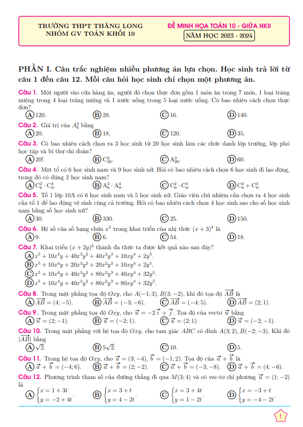 Đề minh họa Toán 10 giữa kì 2 năm 2023 2024 trường THPT Thăng Long TP HCM