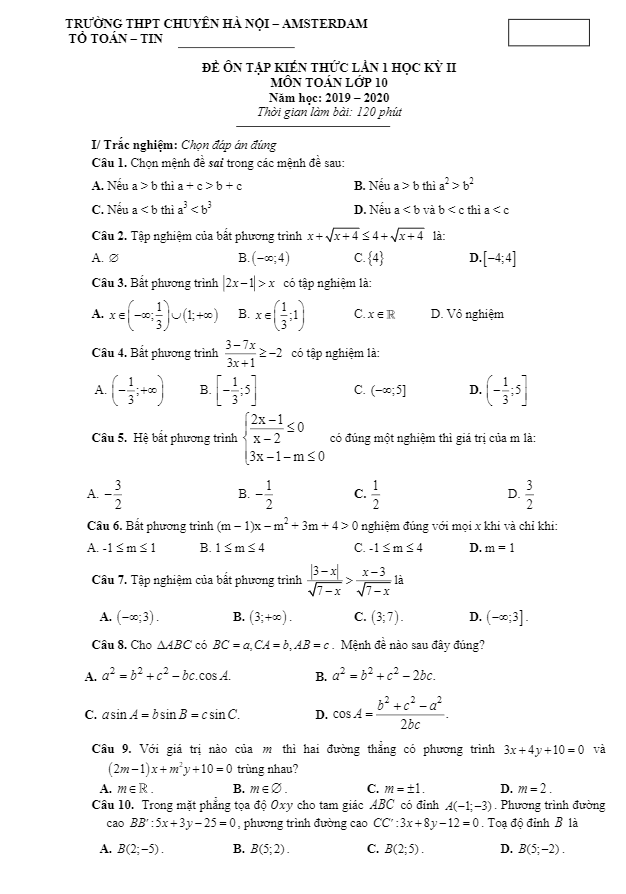 Đề ôn tập Toán 10 tháng 02/2020 trường THPT chuyên Hà Nội Amsterdam