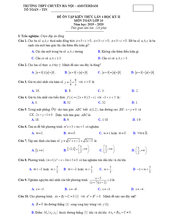 Đề ôn tập Toán 10 tháng 03 năm 2020 trường THPT chuyên Hà Nội – Amsterdam