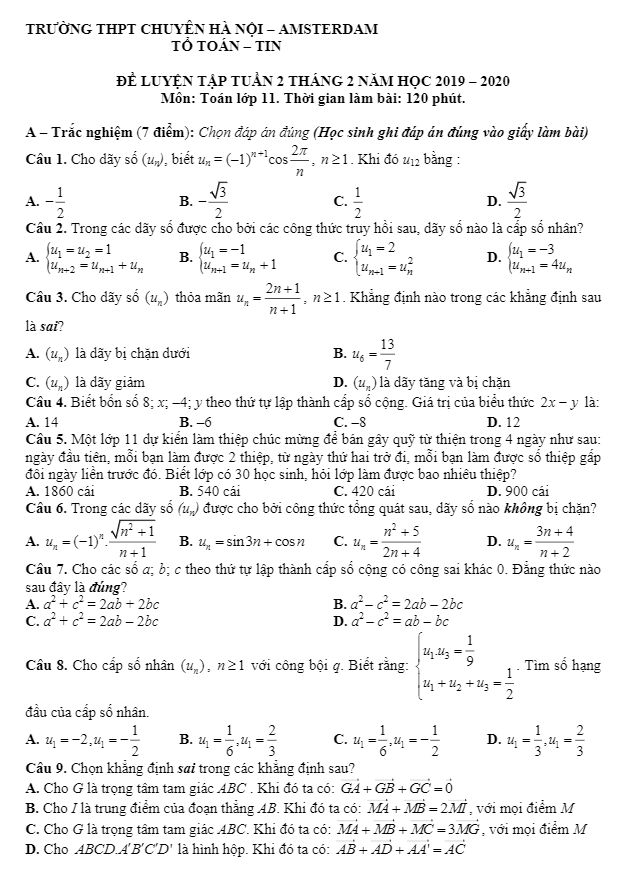 Đề ôn tập Toán 11 tháng 02/2020 trường THPT chuyên Hà Nội – Amsterdam