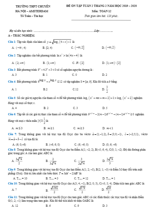 Đề ôn tập Toán 12 tháng 02/2020 trường THPT chuyên Hà Nội – Amsterdam