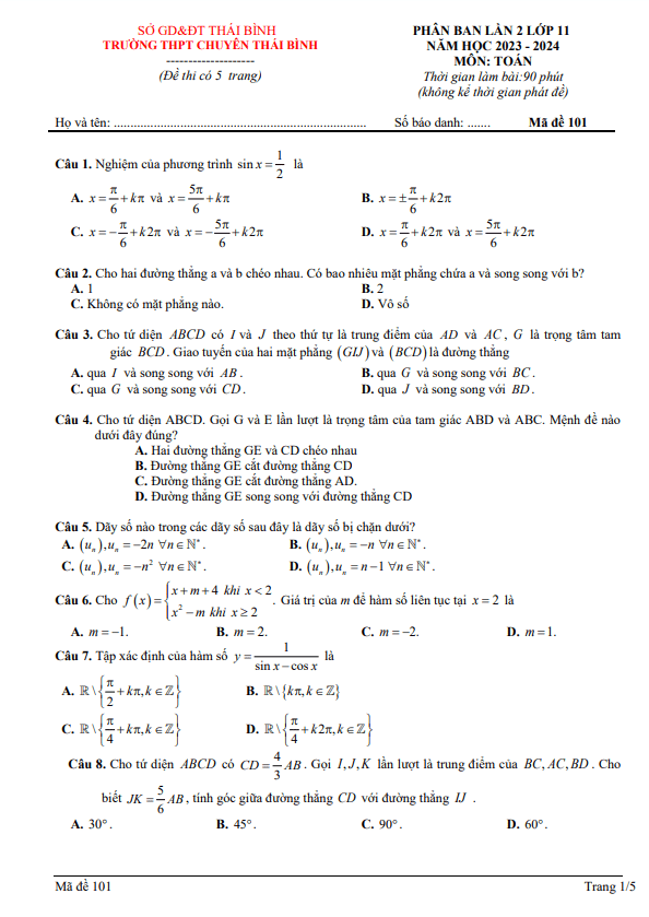Đề phân ban lần 2 Toán 11 năm 2023 2024 trường THPT chuyên Thái Bình