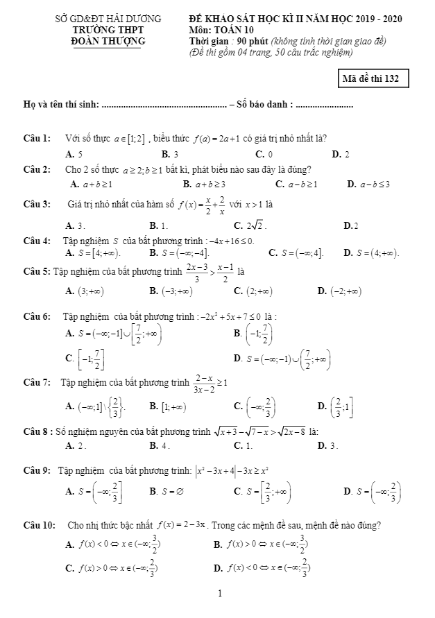 Đề sát hạch Toán 10 lần 3 năm 2019 2020 trường THPT Đoàn Thượng Hải Dương