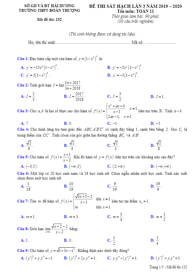 Đề sát hạch Toán 11 lần 3 năm 2019 2020 trường THPT Đoàn Thượng Hải Dương