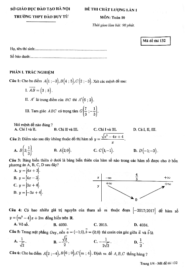 Đề thi chất lượng lần 1 Toán 10 trường THPT Đào Duy Từ Hà Nội