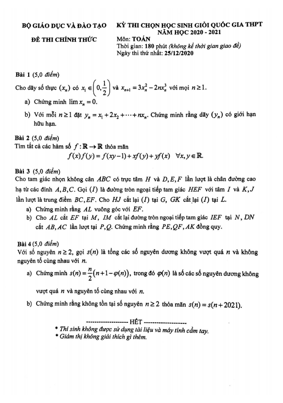 Đề thi chọn học sinh giỏi Quốc gia môn Toán năm học 2020 2021