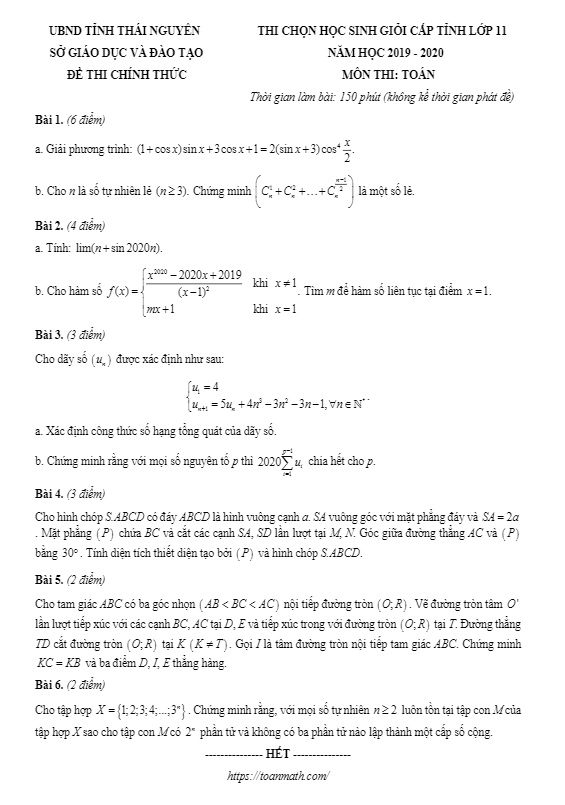 Đề thi chọn học sinh giỏi Toán 11 năm 2019 2020 sở GD&ĐT Thái Nguyên