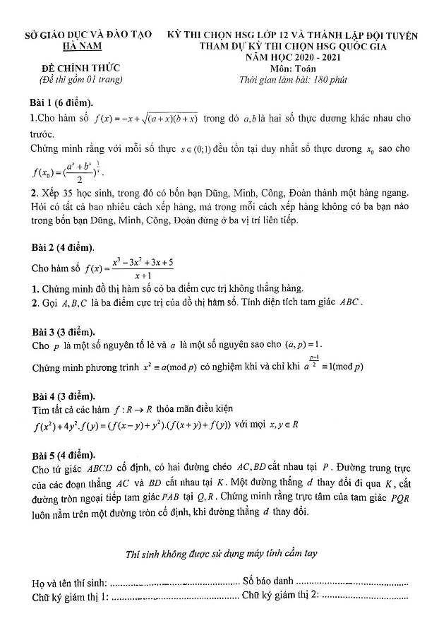 Đề thi chọn học sinh giỏi Toán 12 năm học 2020 2021 sở GD&ĐT Hà Nam