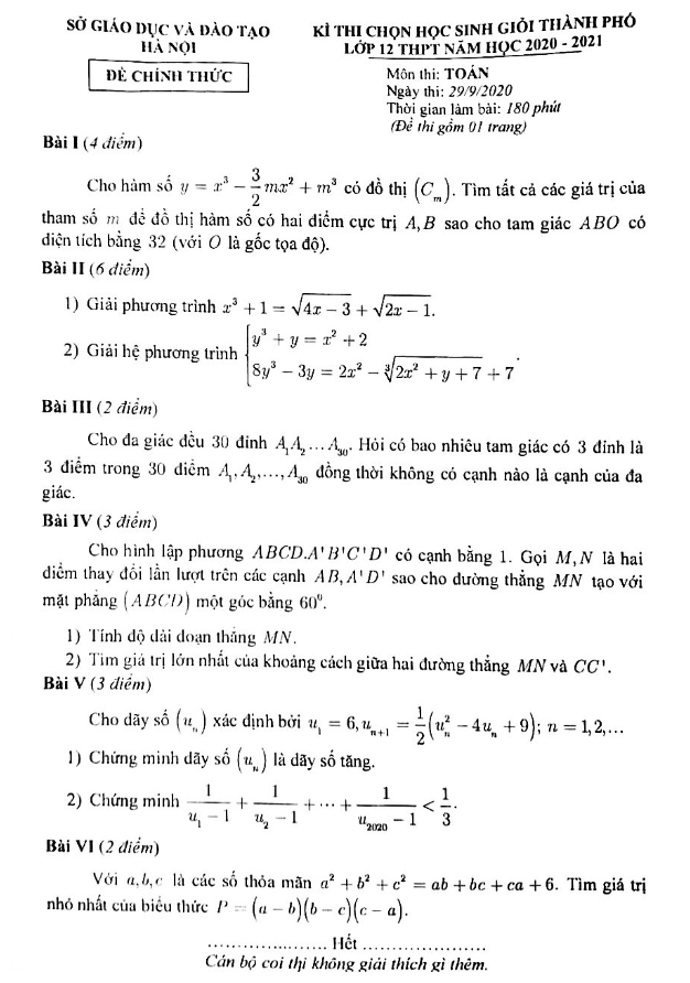Đề thi chọn học sinh giỏi Toán 12 THPT năm 2020 2021 sở GD&ĐT Hà Nội