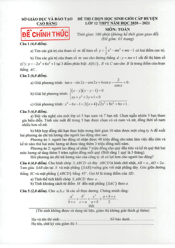 Đề thi chọn HSG cấp huyện Toán 12 năm 2020 2021 sở GD&ĐT Cao Bằng