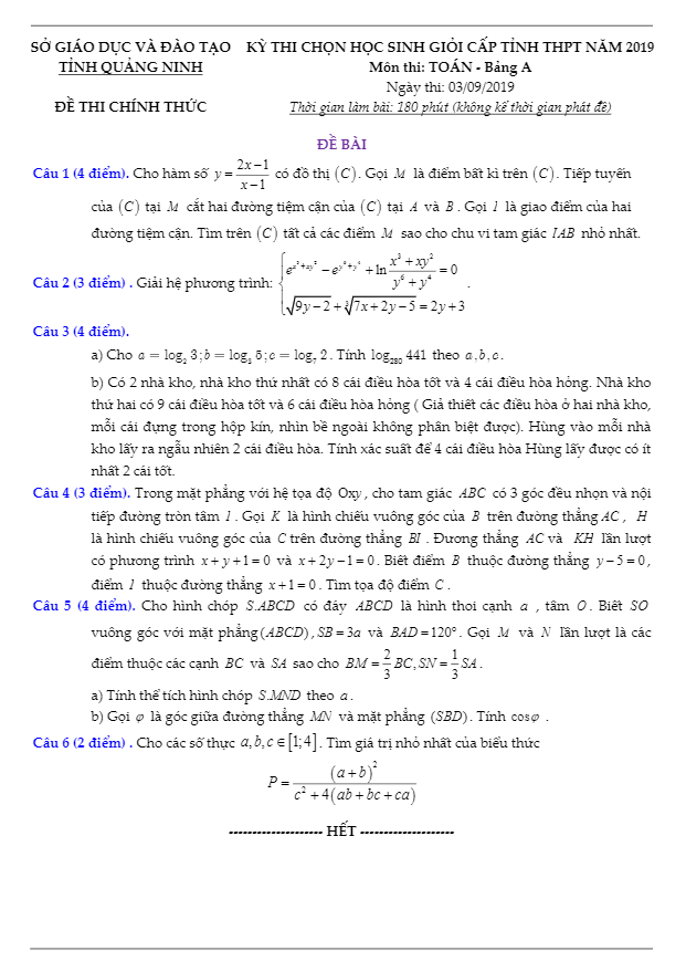 Đề thi chọn HSG cấp tỉnh Toán 12 THPT năm 2019 sở GD&ĐT Quảng Ninh