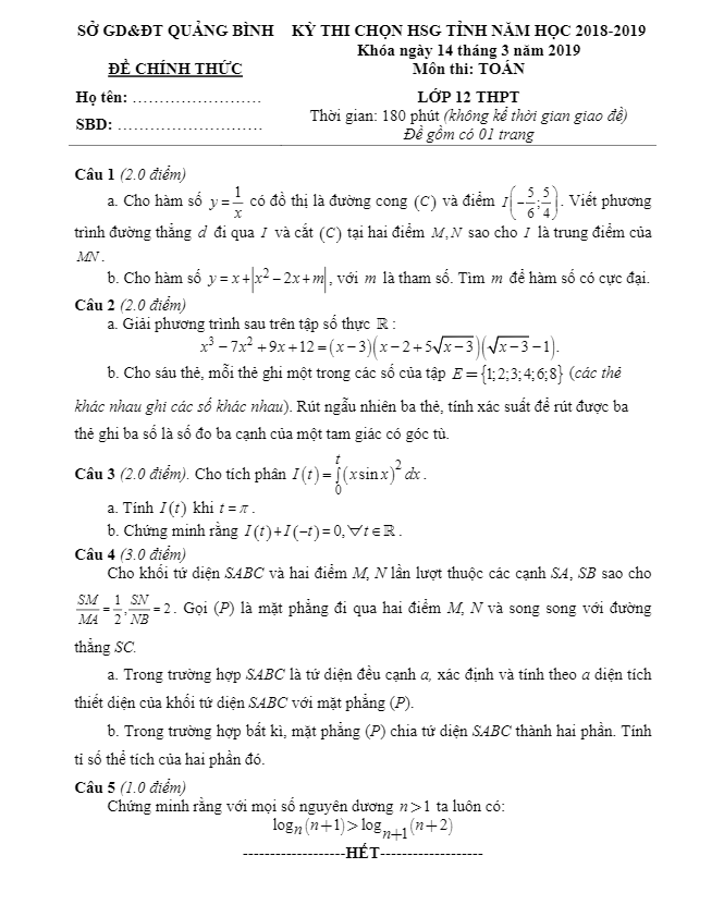 Đề thi chọn HSG tỉnh Toán 12 năm 2018 2019 sở GD&ĐT Quảng Bình