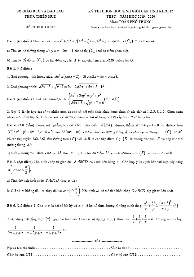 Đề thi chọn HSG tỉnh Toán 12 năm 2019 2020 sở GD&ĐT Thừa Thiên Huế