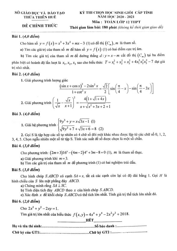 Đề thi chọn HSG tỉnh Toán 12 năm 2020 2021 sở GD&ĐT Thừa Thiên Huế