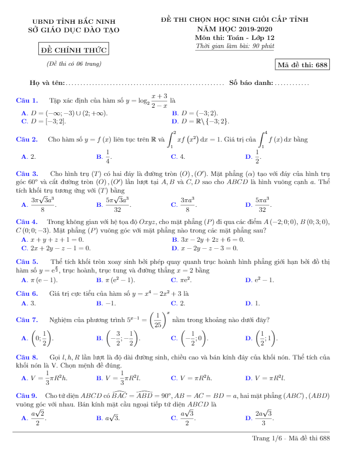 Đề thi chọn HSG tỉnh Toán 12 năm học 2019 2020 sở GD&ĐT Bắc Ninh