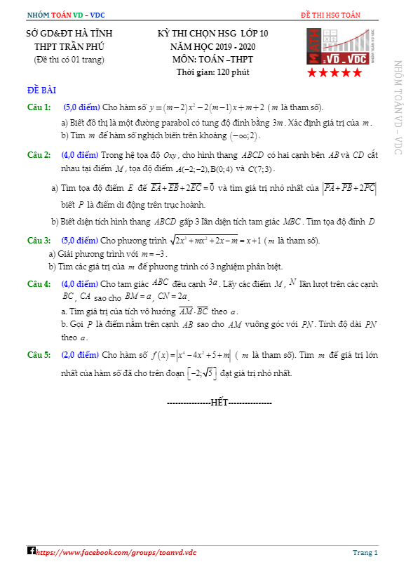 Đề thi chọn HSG Toán 10 năm 2019 2020 trường THPT Trần Phú Hà Tĩnh