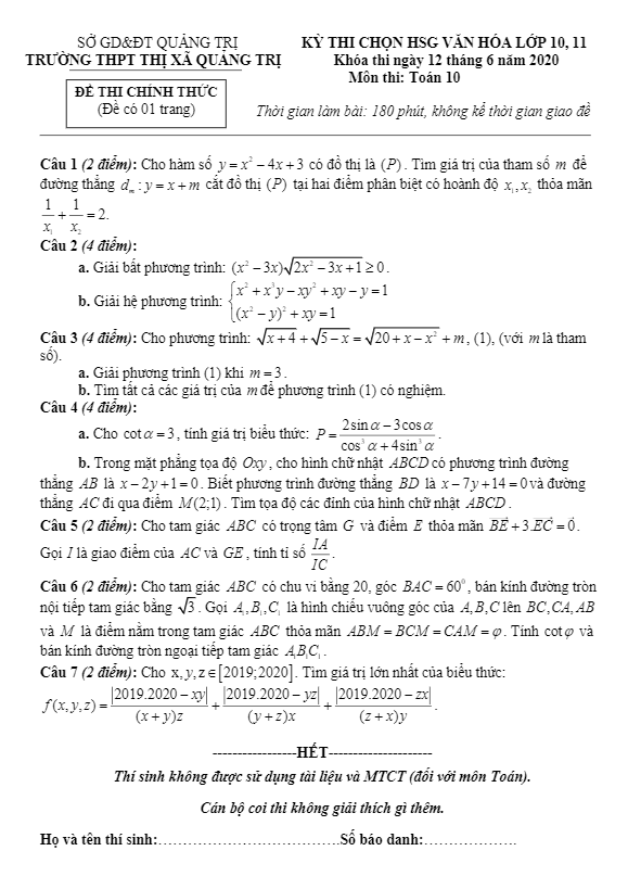 Đề thi chọn HSG Toán 10 năm học 2019 2020 trường THPT thị xã Quảng Trị