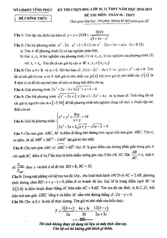 Đề thi chọn HSG Toán 10 THPT năm học 2018 2019 sở GD&ĐT Vĩnh Phúc