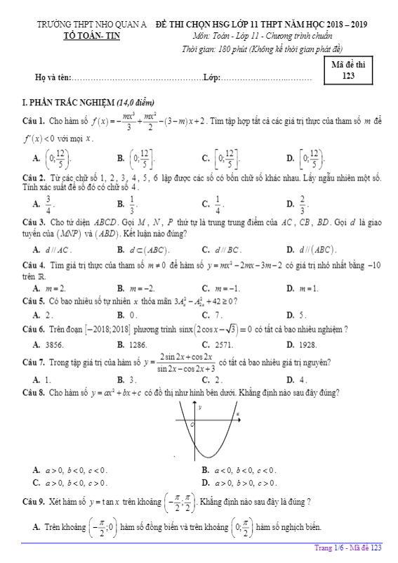 Đề thi chọn HSG Toán 11 năm 2018 2019 trường Nho Quan A Ninh Bình